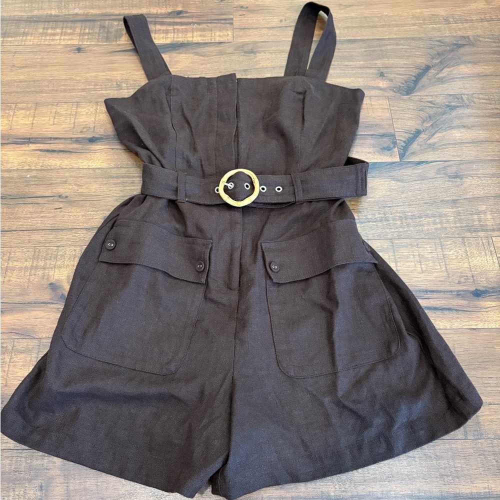 Belle Vere Womens Romper Sz 8 Brown Linen  Belted adjustable straps NWT